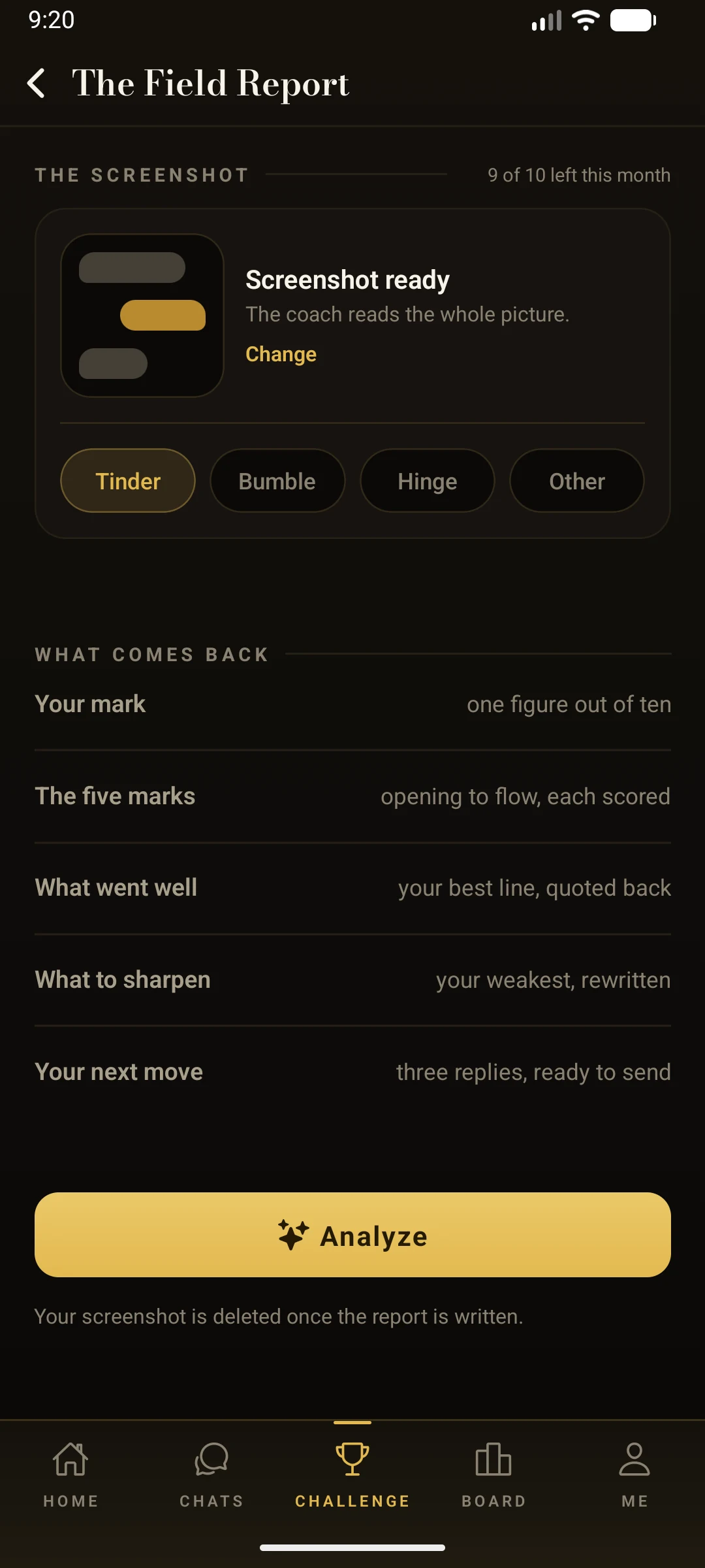 The Field Report screen. A real screenshot ready to analyze, with the five marks and your next move listed.