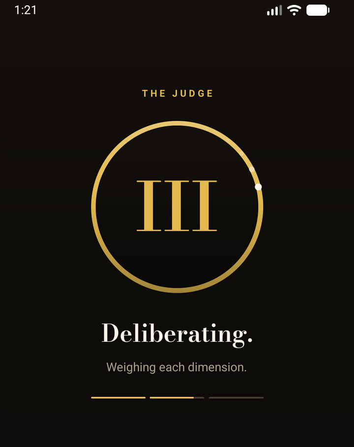 The Judge screen in RizzKings. A gold ring seal above the word Deliberating, mid verdict.