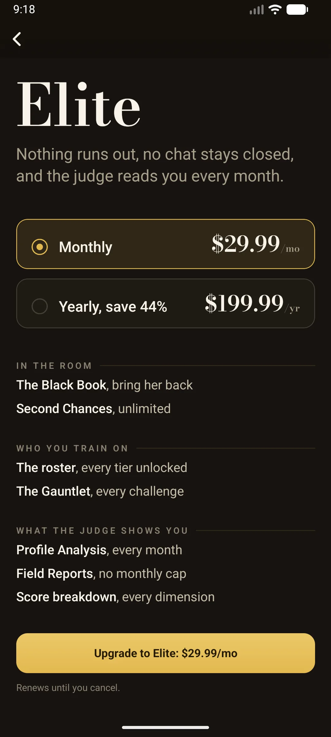 The Elite paywall inside the app. Monthly at $29.99 or yearly at $199.99 saving 44%, the list of what opens, and the line Renews until you cancel.